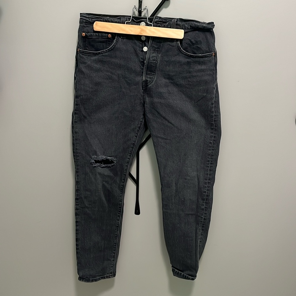 Levi’s gray high waisted 501 skinny with buttons and rip